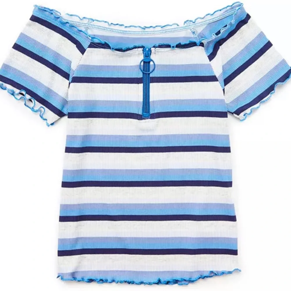 Justice Girls Blue and White Stripped Ribbed Off The shoulder Top
